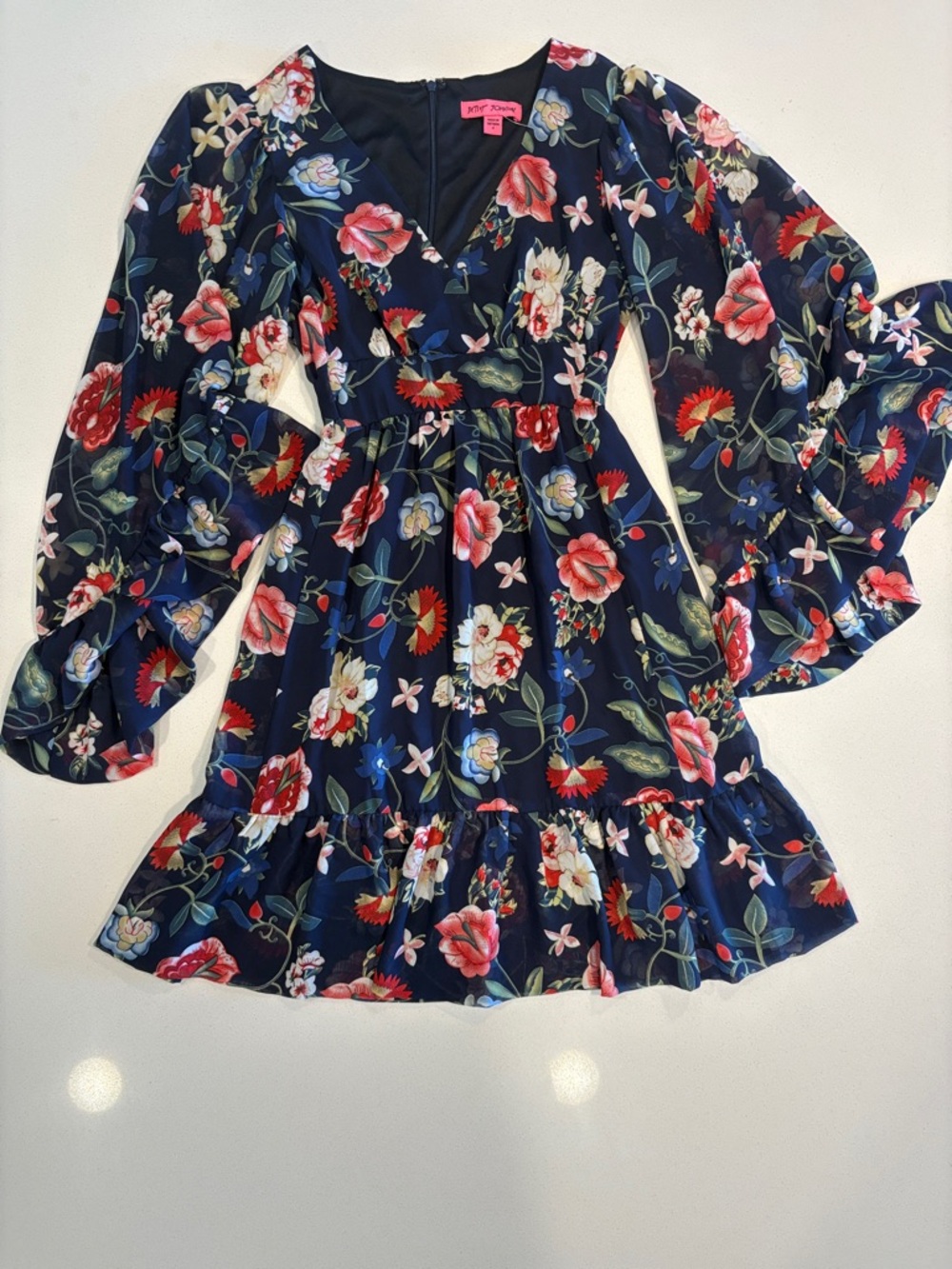 Floral Navy Ruffle Hem long-bell- Sleeve Dress